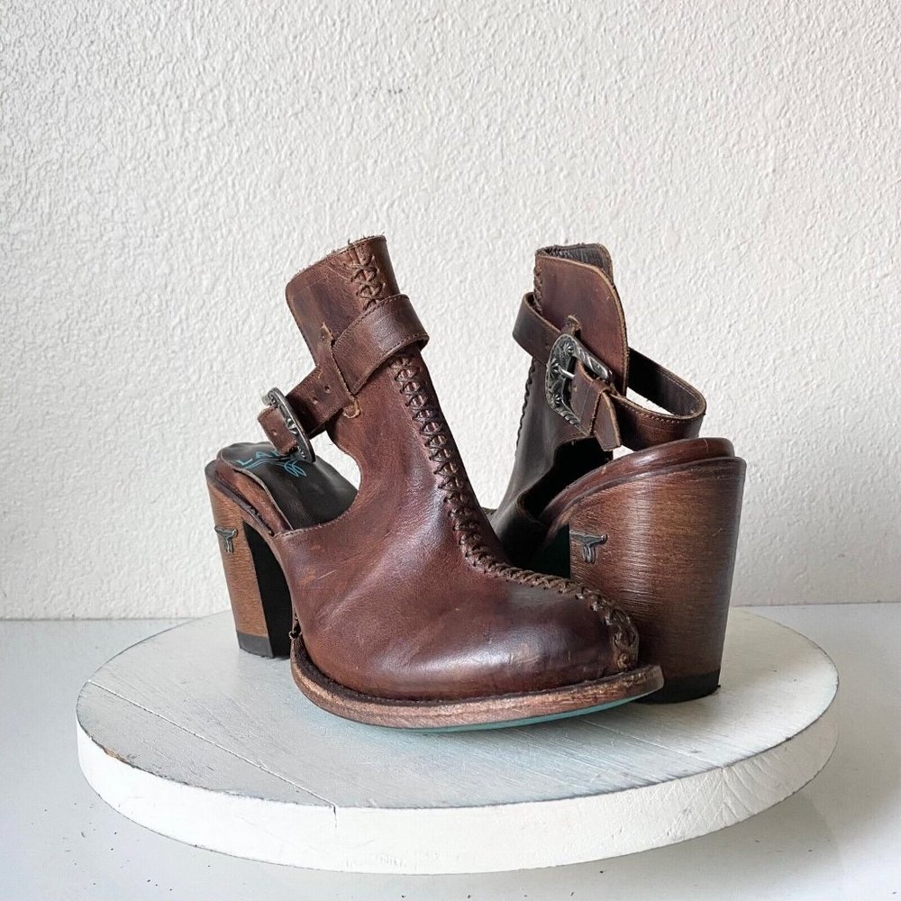 Lane Hailey Halfsie Western Bootie Sz 7.5 Brown Cowboy Round Toe Ankle Strap